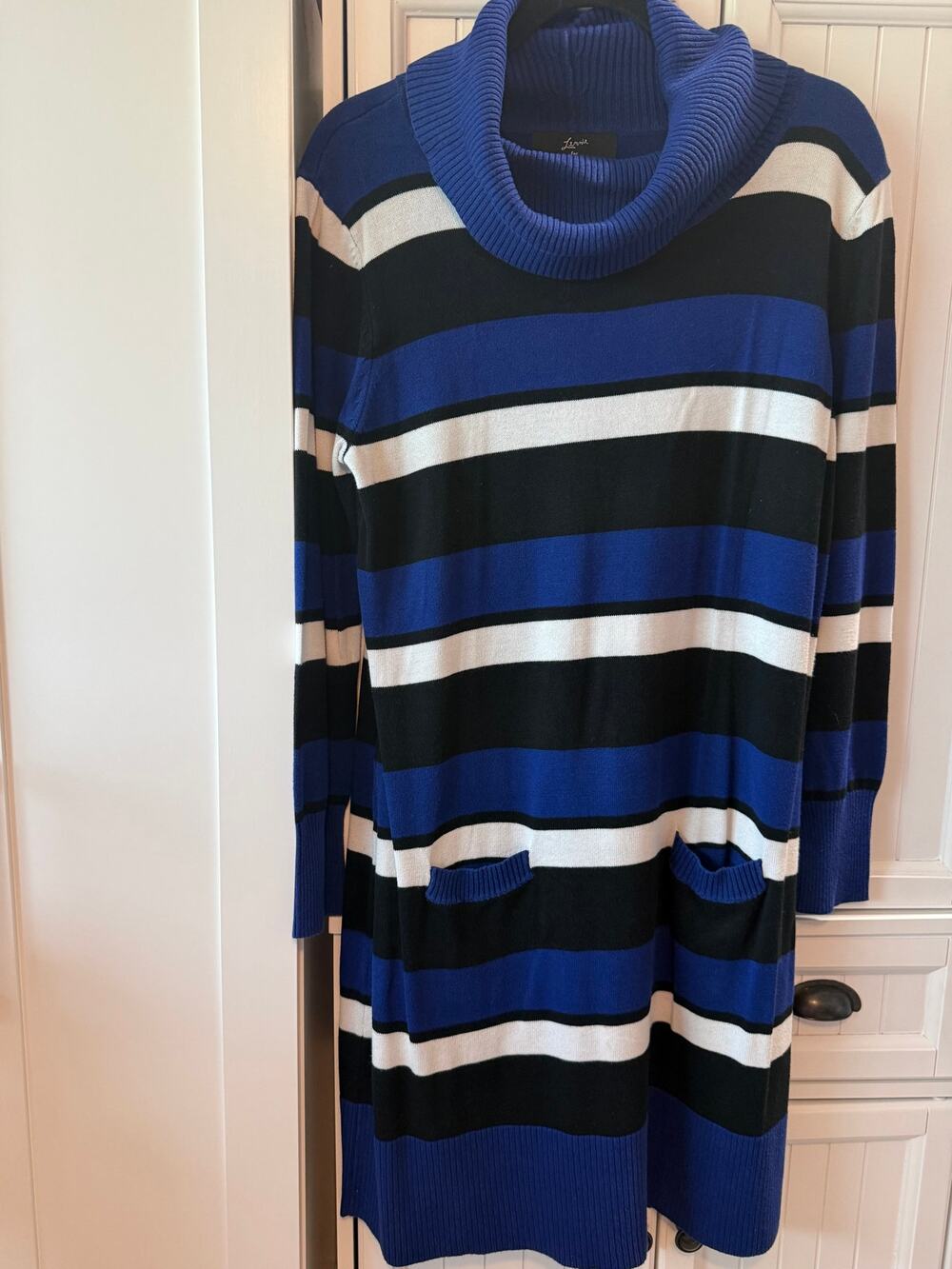 Lemmie for Nina Leonard blue black white striped sweater dress XL EUC